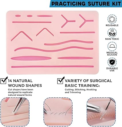 AmerÒ Complete Suture Practice Kit – Durable Suturing Pad with Pre-Cut Wounds, Tools & Suture Threads – Perfect for Students, Trainees & Skill Practice