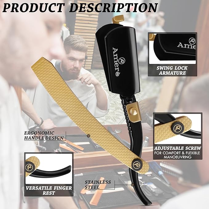 Cut-Throat Razor Straight Edge – Professional Stainless Steel Full Barber Razor holder for Beard, Moustache & Hairline Shaping – Premium Barber Tool & Grooming Accessory