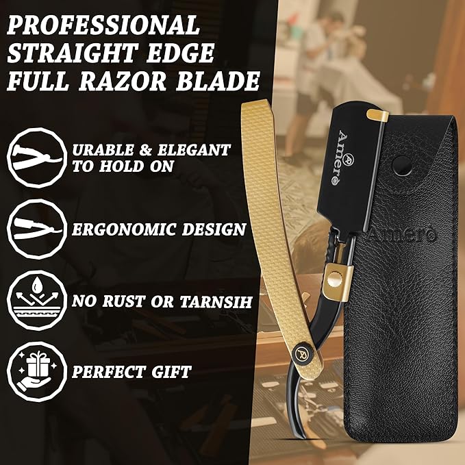 Cut-Throat Razor Straight Edge – Professional Stainless Steel Full Barber Razor holder for Beard, Moustache & Hairline Shaping – Premium Barber Tool & Grooming Accessory