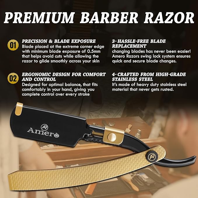 Cut-Throat Razor Straight Edge – Professional Stainless Steel Full Barber Razor holder for Beard, Moustache & Hairline Shaping – Premium Barber Tool & Grooming Accessory