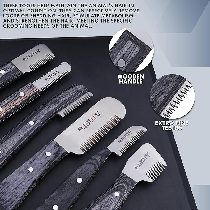 Premium 7-Piece Pet Grooming & Stripping Knife Kit with Comb | Professional Undercoat & Deshedding Tools for Dogs & Cats – Stainless Steel Blades & Wooden Handles (Natural Wood)