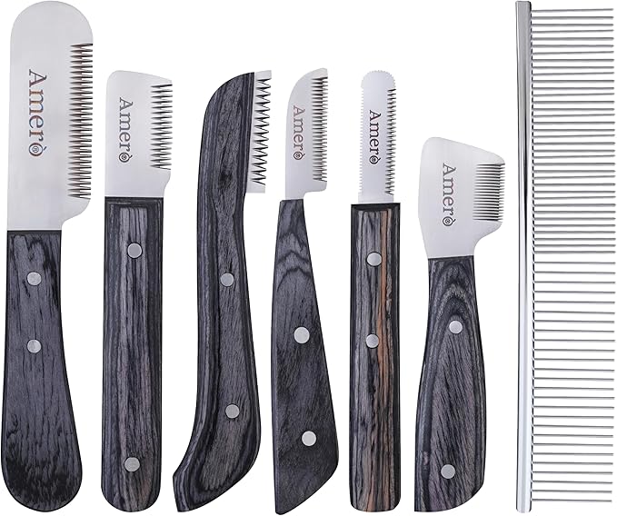Premium 7-Piece Pet Grooming & Stripping Knife Kit with Comb | Professional Undercoat & Deshedding Tools for Dogs & Cats – Stainless Steel Blades & Wooden Handles (Natural Wood)