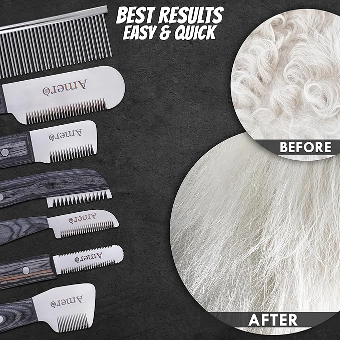 Premium 7-Piece Pet Grooming & Stripping Knife Kit with Comb | Professional Undercoat & Deshedding Tools for Dogs & Cats – Stainless Steel Blades & Wooden Handles (Natural Wood)