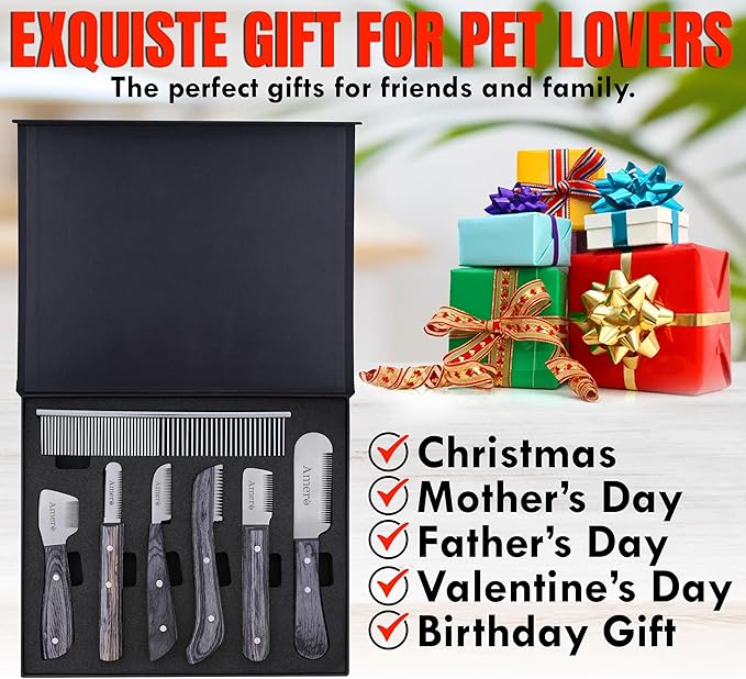 Premium 7-Piece Pet Grooming & Stripping Knife Kit with Comb | Professional Undercoat & Deshedding Tools for Dogs & Cats – Stainless Steel Blades & Wooden Handles (Natural Wood)