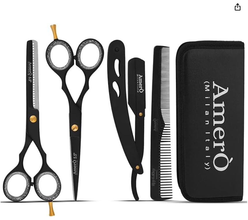 Professional Barber Kit with Leather Pouch – Includes Straight Razor, Hair Comb, 5.5" Barber Scissors & Thinning Razor – Portable Grooming Set for Haircutting, Styling & Shaving