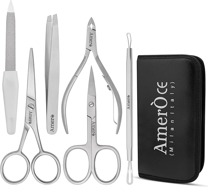 Professional 7-Piece Manicure Kit for Women & Men – Stainless Steel Nail Scissors, Tweezer, Cuticle Trimmer, Pusher, Nail File & Carry Case for Grooming