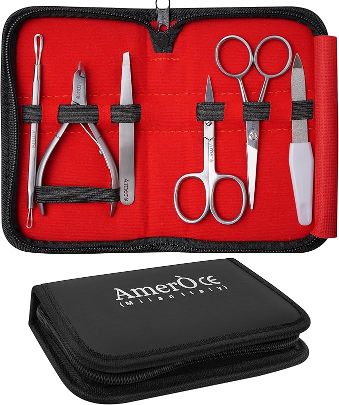 Professional 7-Piece Manicure Kit for Women & Men – Stainless Steel Nail Scissors, Tweezer, Cuticle Trimmer, Pusher, Nail File & Carry Case for Grooming