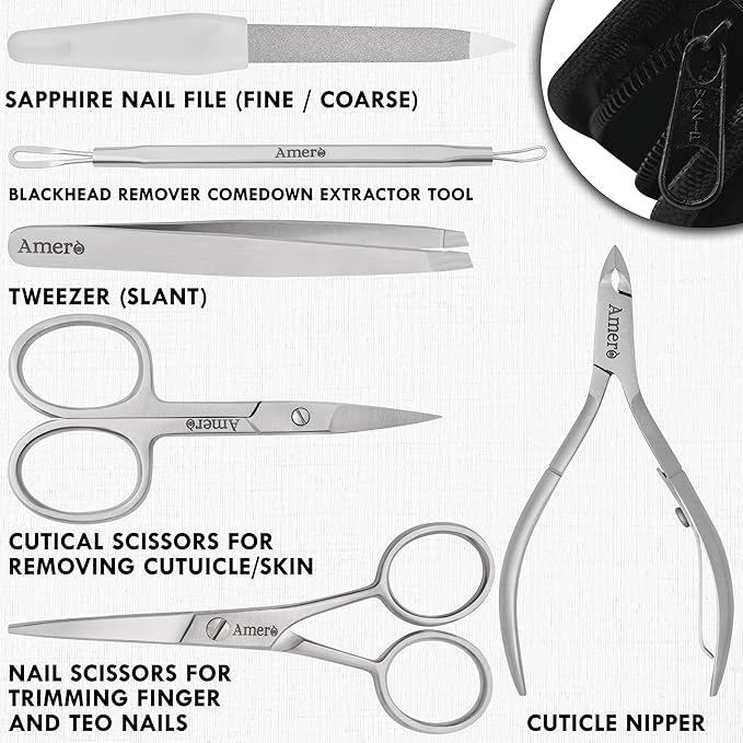 Professional 7-Piece Manicure Kit for Women & Men – Stainless Steel Nail Scissors, Tweezer, Cuticle Trimmer, Pusher, Nail File & Carry Case for Grooming
