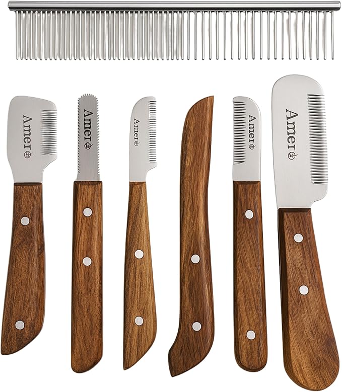 Premium 7-Piece Pet Grooming & Stripping Knife Kit with Comb | Professional Undercoat & Deshedding Tools for Dogs & Cats – Stainless Steel Blades & Wooden Handles (Natural Wood)