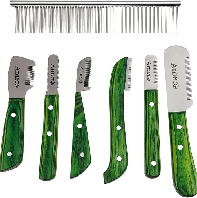Premium 7-Piece Pet Grooming & Stripping Knife Kit with Comb | Professional Undercoat & Deshedding Tools for Dogs & Cats – Stainless Steel Blades & Wooden Handles (Natural Wood)