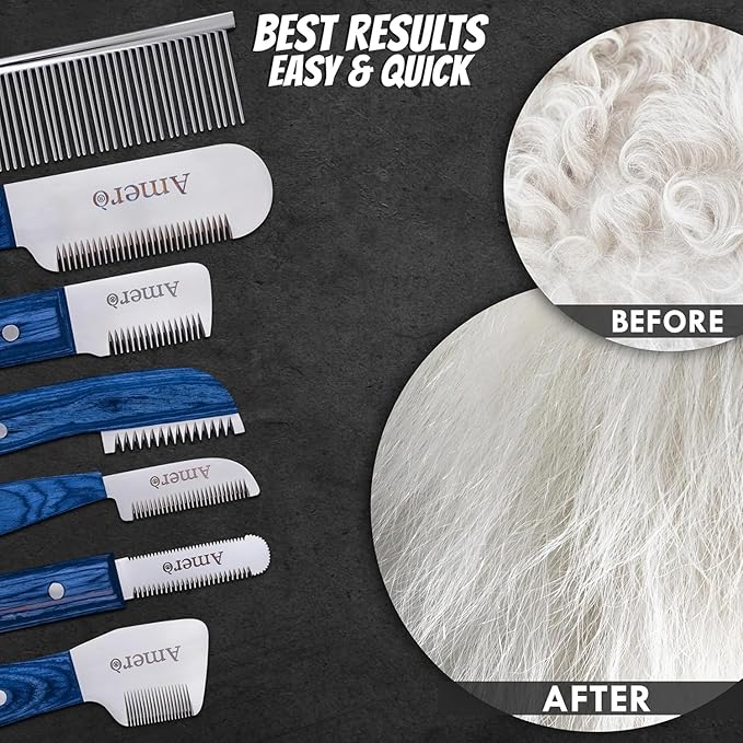 Premium 7-Piece Pet Grooming & Stripping Knife Kit with Comb | Professional Undercoat & Deshedding Tools for Dogs & Cats – Stainless Steel Blades & Wooden Handles (Natural Wood)