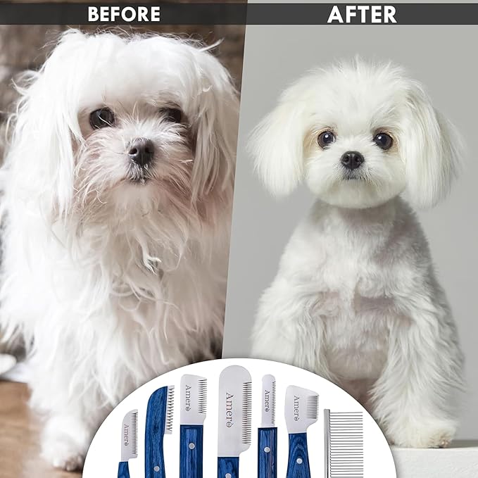 Premium 7-Piece Pet Grooming & Stripping Knife Kit with Comb | Professional Undercoat & Deshedding Tools for Dogs & Cats – Stainless Steel Blades & Wooden Handles (Natural Wood)