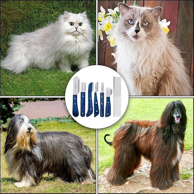 Premium 7-Piece Pet Grooming & Stripping Knife Kit with Comb | Professional Undercoat & Deshedding Tools for Dogs & Cats – Stainless Steel Blades & Wooden Handles (Natural Wood)