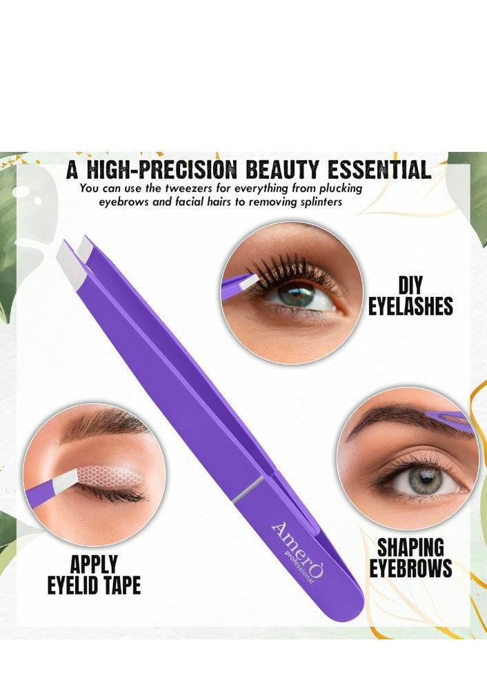 Professional Stainless Steel Eyebrow Tweezers for Women & Men – Precision Slant Tip Hair Removal Tool for Eyebrows, Facial Hair & Ingrown Hairs – Durable, Non-Slip Grip (Purple)
