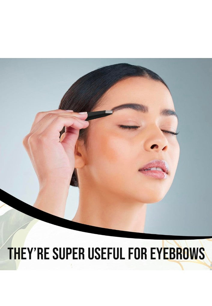Professional Stainless Steel Eyebrow Tweezers for Women & Men – Precision Slant Tip Hair Removal Tool for Eyebrows, Facial Hair & Ingrown Hairs – Durable, Non-Slip Grip (Black)