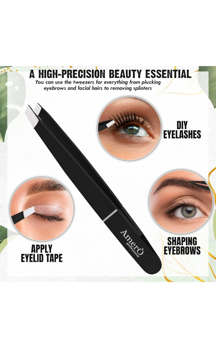 Professional Stainless Steel Eyebrow Tweezers for Women & Men – Precision Slant Tip Hair Removal Tool for Eyebrows, Facial Hair & Ingrown Hairs – Durable, Non-Slip Grip (Black)