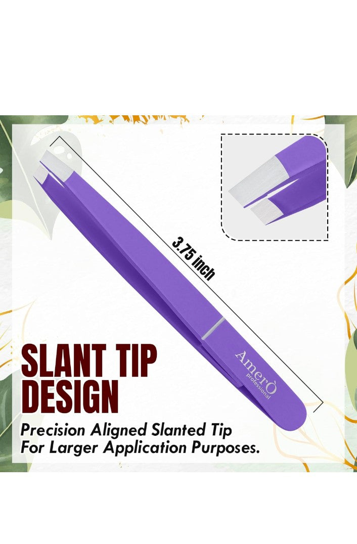 Professional Stainless Steel Eyebrow Tweezers for Women & Men – Precision Slant Tip Hair Removal Tool for Eyebrows, Facial Hair & Ingrown Hairs – Durable, Non-Slip Grip (Purple)