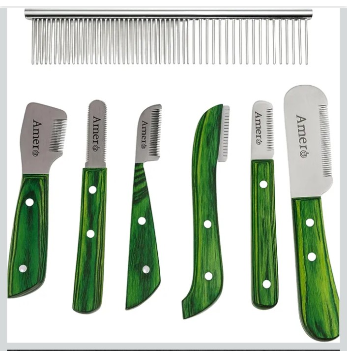 Premium 7-Piece Pet Grooming & Stripping Knife Kit with Comb | Professional Undercoat & Deshedding Tools for Dogs & Cats – Stainless Steel Blades & Wooden Handles (Green)