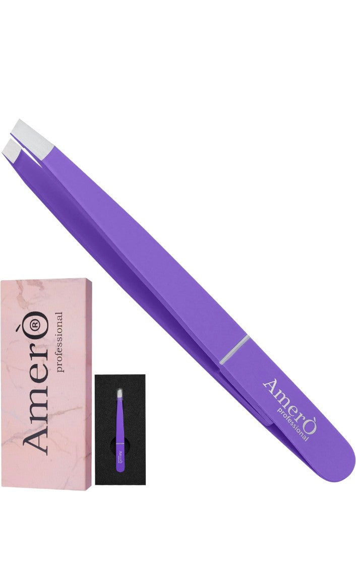 Professional Stainless Steel Eyebrow Tweezers for Women & Men – Precision Slant Tip Hair Removal Tool for Eyebrows, Facial Hair & Ingrown Hairs – Durable, Non-Slip Grip (Purple)