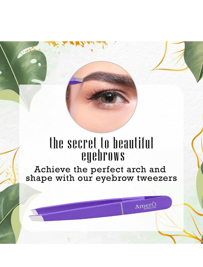 Professional Stainless Steel Eyebrow Tweezers for Women & Men – Precision Slant Tip Hair Removal Tool for Eyebrows, Facial Hair & Ingrown Hairs – Durable, Non-Slip Grip (Purple)