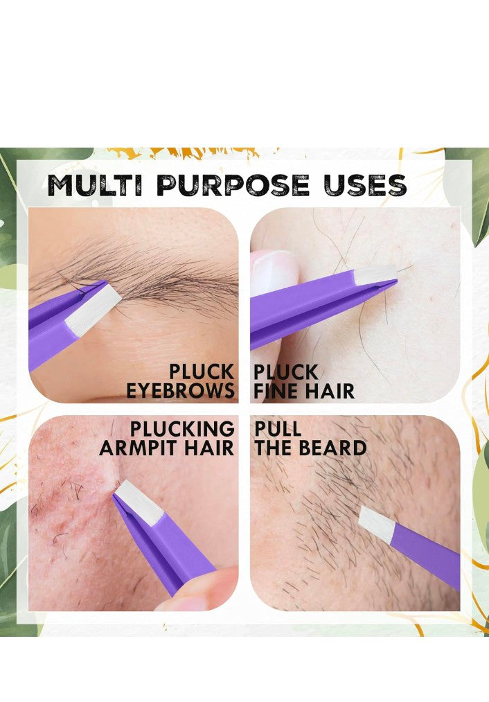 Professional Stainless Steel Eyebrow Tweezers for Women & Men – Precision Slant Tip Hair Removal Tool for Eyebrows, Facial Hair & Ingrown Hairs – Durable, Non-Slip Grip (Purple)