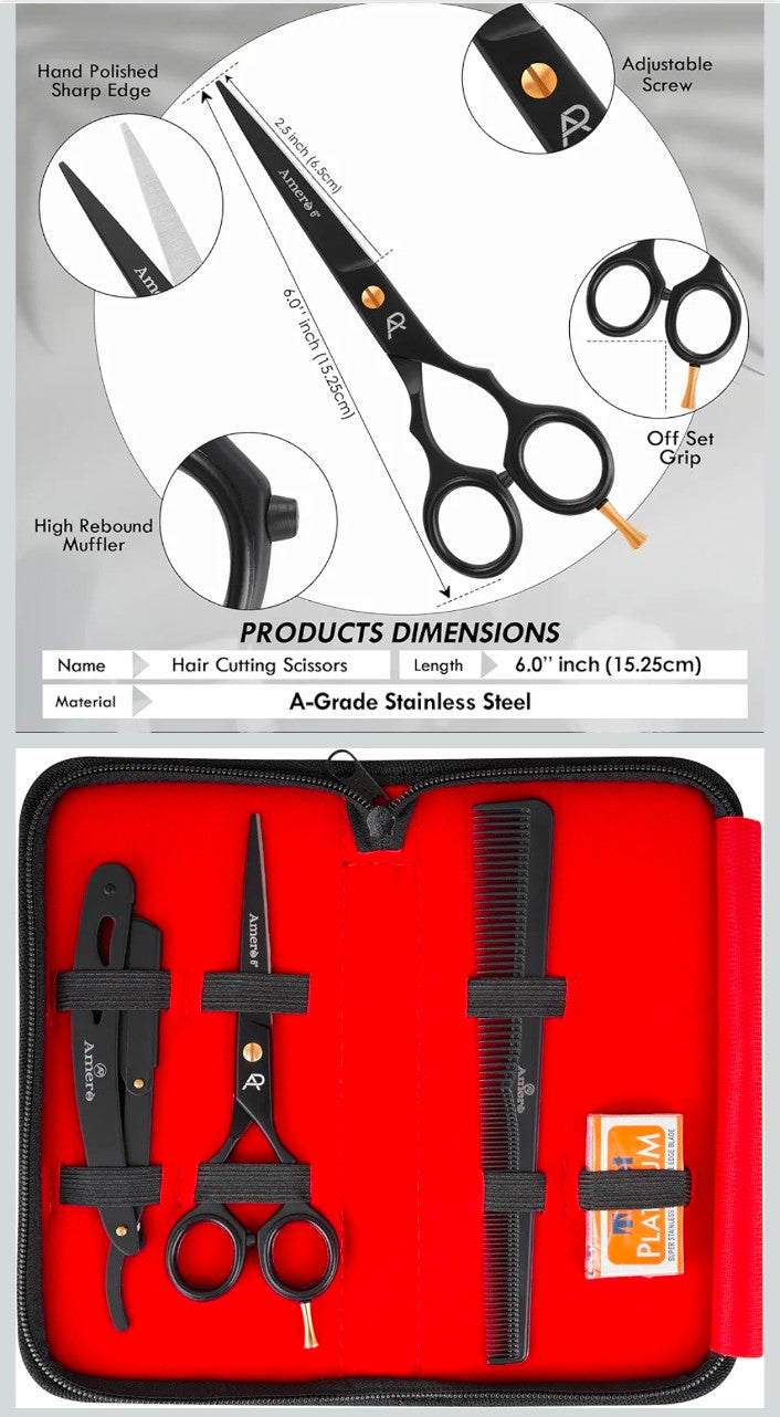 Amero Professional Barber Kit – Hair Cutting Scissors Set with Jaguar Pattern Scissor, Straight Edge Razor & Fine Tooth Comb – Hairdressing Kit for Men, Salon & Home Use