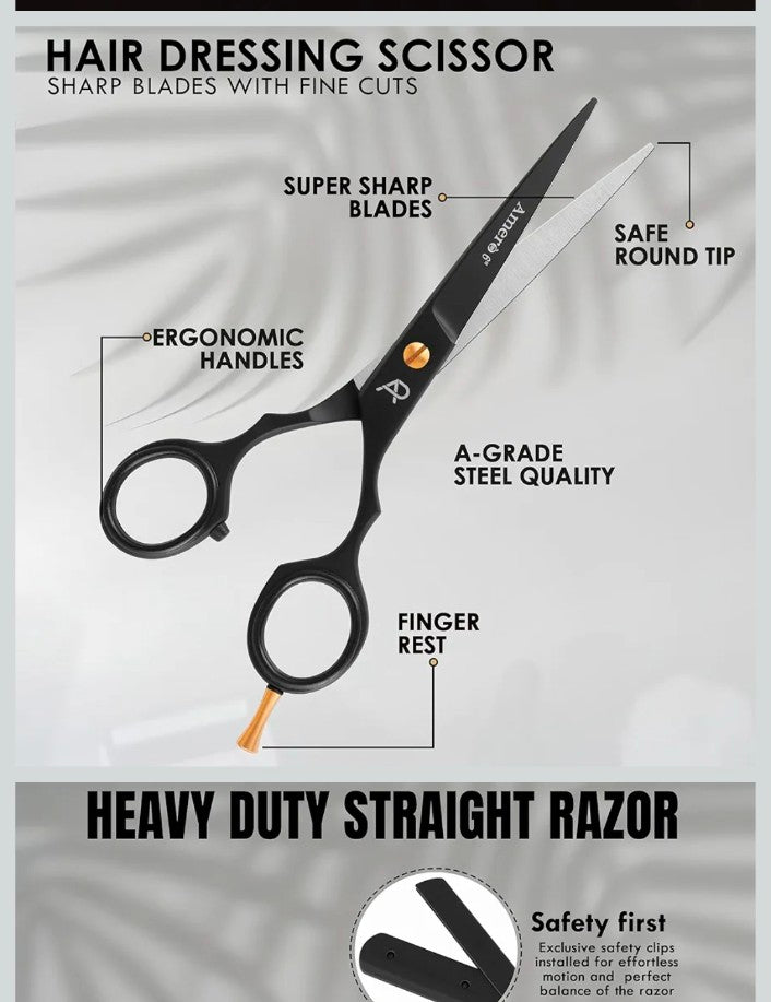 Amero Professional Barber Kit – Hair Cutting Scissors Set with Jaguar Pattern Scissor, Straight Edge Razor & Fine Tooth Comb – Hairdressing Kit for Men, Salon & Home Use