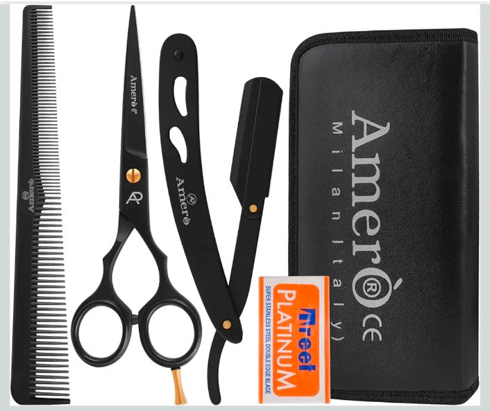 Amero Professional Barber Kit – Hair Cutting Scissors Set with Jaguar Pattern Scissor, Straight Edge Razor & Fine Tooth Comb – Hairdressing Kit for Men, Salon & Home Use