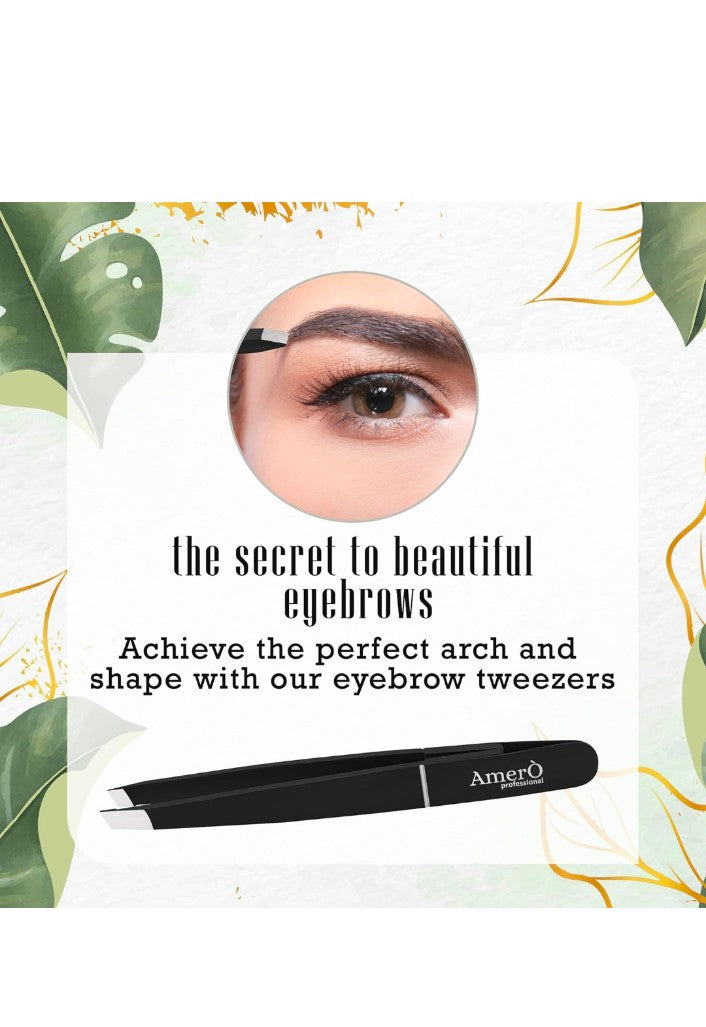Professional Stainless Steel Eyebrow Tweezers for Women & Men – Precision Slant Tip Hair Removal Tool for Eyebrows, Facial Hair & Ingrown Hairs – Durable, Non-Slip Grip (Black)