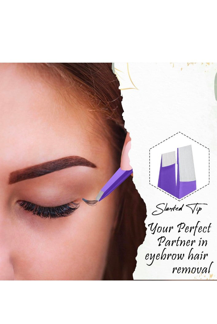 Professional Stainless Steel Eyebrow Tweezers for Women & Men – Precision Slant Tip Hair Removal Tool for Eyebrows, Facial Hair & Ingrown Hairs – Durable, Non-Slip Grip (Purple)