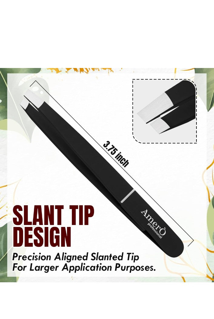 Professional Stainless Steel Eyebrow Tweezers for Women & Men – Precision Slant Tip Hair Removal Tool for Eyebrows, Facial Hair & Ingrown Hairs – Durable, Non-Slip Grip (Black)