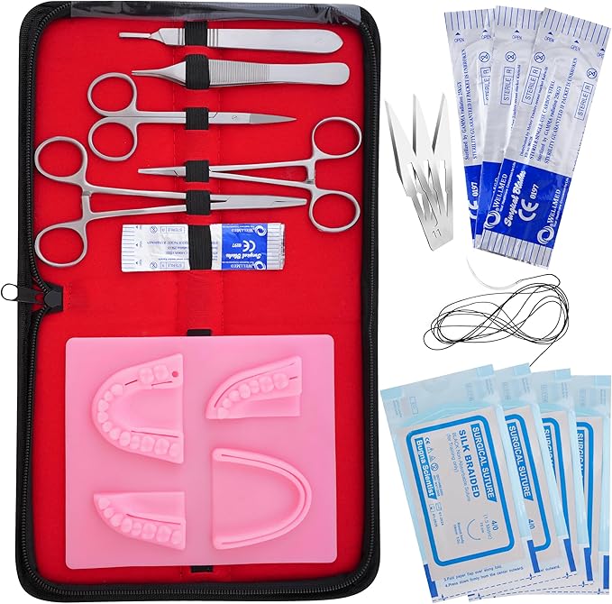Dental Suturing Practice Kit with Silicone Suture Pad – 6 Stainless-Steel Dental Tools, 4 Pre-Cut Suture Pads, Suture Trainer for Medical & Dental Students