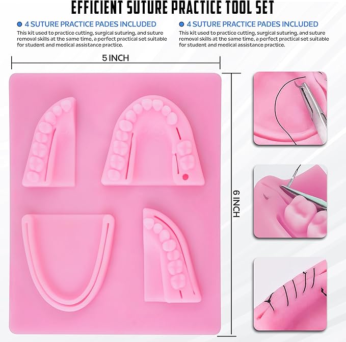 Dental Suturing Practice Kit with Silicone Suture Pad – 6 Stainless-Steel Dental Tools, 4 Pre-Cut Suture Pads, Suture Trainer for Medical & Dental Students