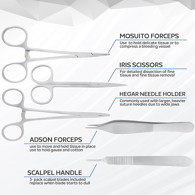 Dental Suturing Practice Kit with Silicone Suture Pad – 6 Stainless-Steel Dental Tools, 4 Pre-Cut Suture Pads, Suture Trainer for Medical & Dental Students