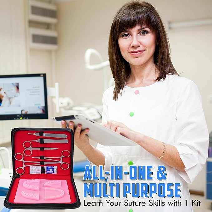 Dental Suturing Practice Kit with Silicone Suture Pad – 6 Stainless-Steel Dental Tools, 4 Pre-Cut Suture Pads, Suture Trainer for Medical & Dental Students