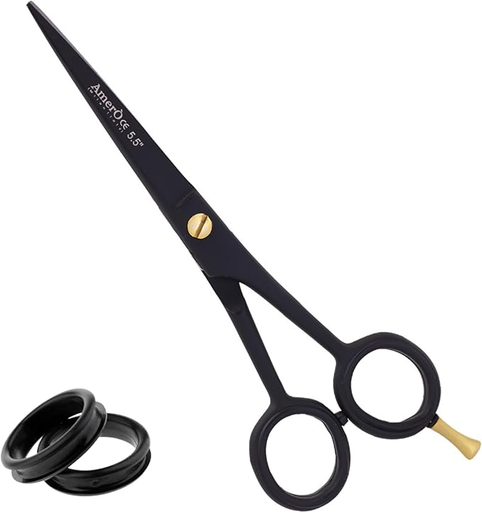 Professional Hair Scissors 5.5" – Black Barber Scissors Stainless Steel Hair Cutting Shears with Leather Pouch – Sharp Blades, Anti-Slip Grip & Finger Rest for Salon & Home Use