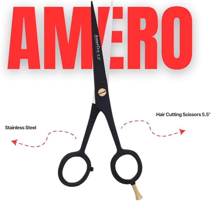 Professional Hair Scissors 5.5" – Black Barber Scissors Stainless Steel Hair Cutting Shears with Leather Pouch – Sharp Blades, Anti-Slip Grip & Finger Rest for Salon & Home Use