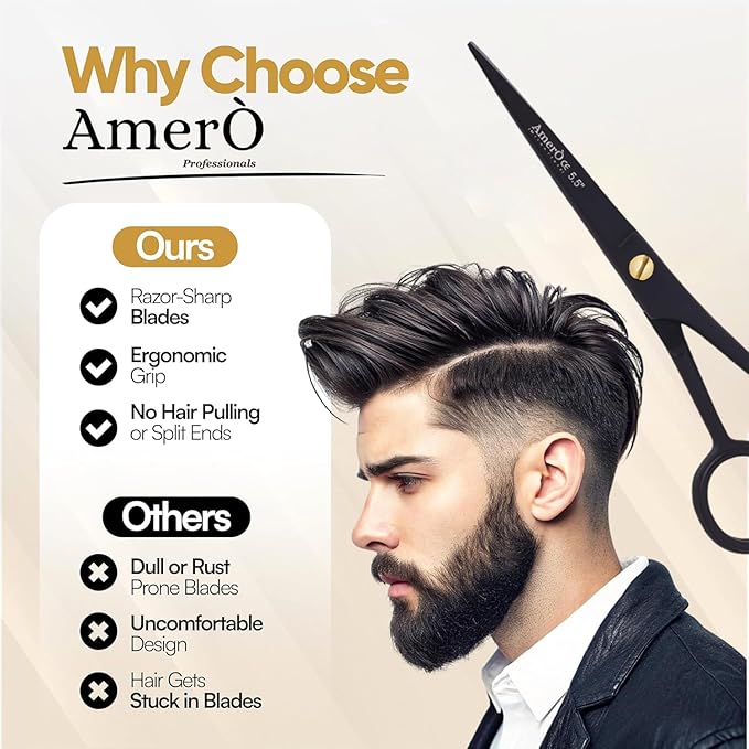 Professional Hair Scissors 5.5" – Black Barber Scissors Stainless Steel Hair Cutting Shears with Leather Pouch – Sharp Blades, Anti-Slip Grip & Finger Rest for Salon & Home Use