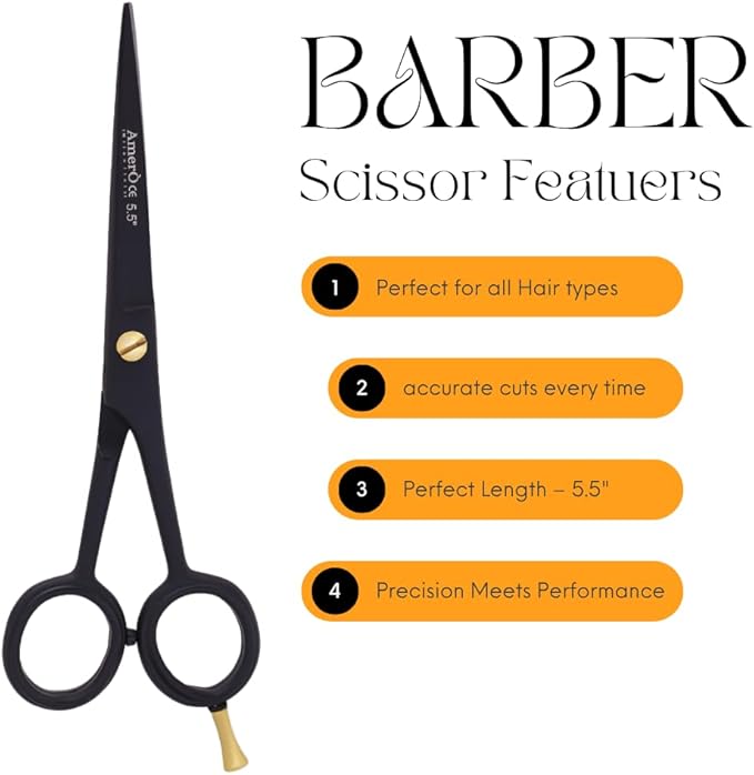 Professional Hair Scissors 5.5" – Black Barber Scissors Stainless Steel Hair Cutting Shears with Leather Pouch – Sharp Blades, Anti-Slip Grip & Finger Rest for Salon & Home Use