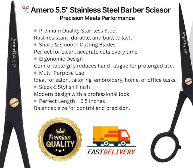 Professional Hair Scissors 5.5" – Black Barber Scissors Stainless Steel Hair Cutting Shears with Leather Pouch – Sharp Blades, Anti-Slip Grip & Finger Rest for Salon & Home Use