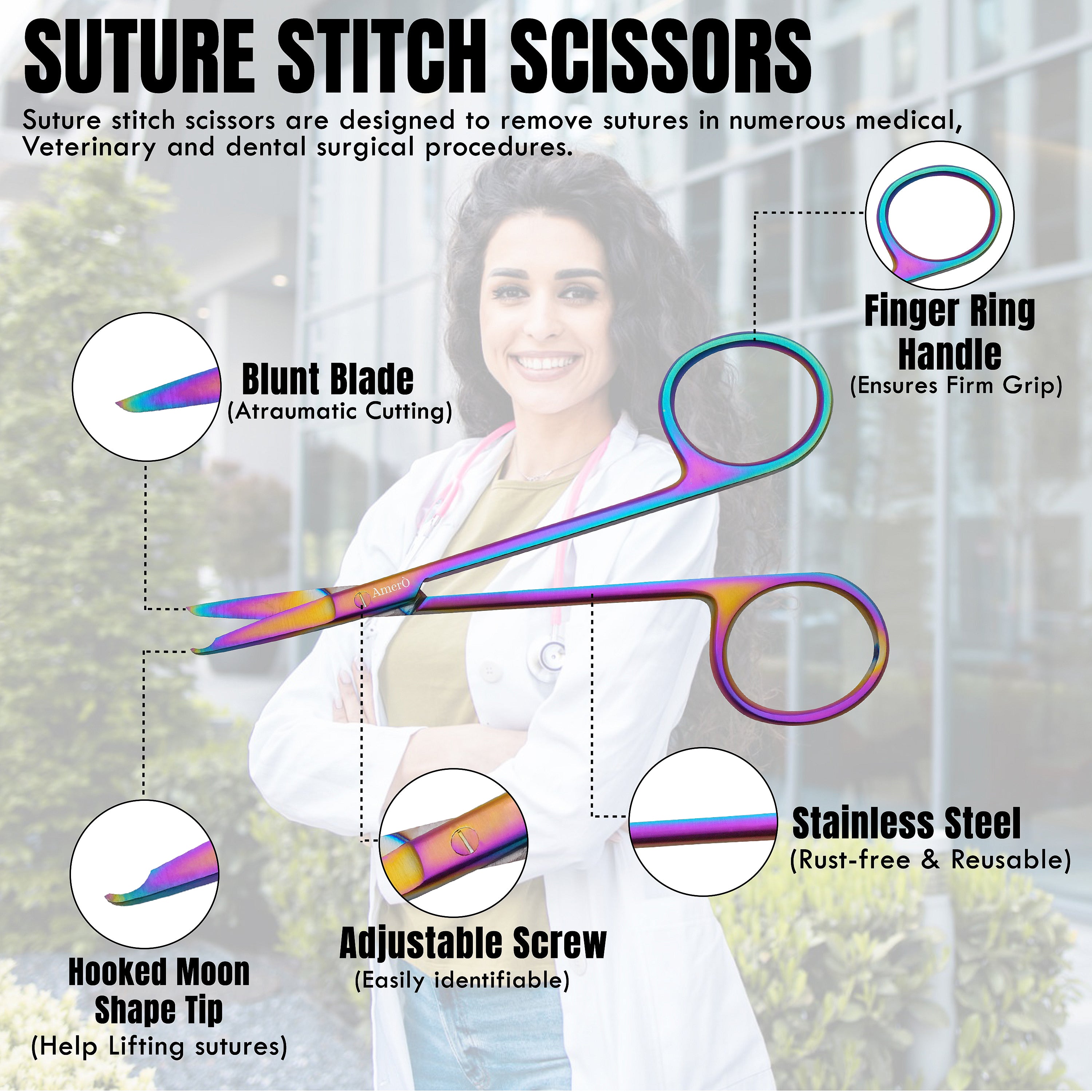 Stainless Steel Stitch Scissors with Hook – Precision Suture Removal Scissors for Medical, EMS & First Aid